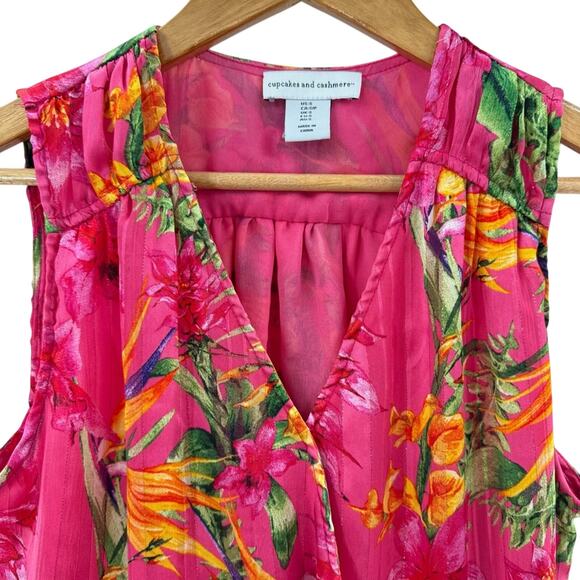 Cupcakes and Cashmere Hot Pink Metallic Detail Tropical Floral Faux Wrap Top S - Picture 3 of 9